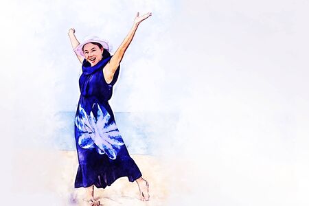 Abstract colorful young woman traveling holiday summer at vacations at Phuket, Thailand on  illustration.の写真素材