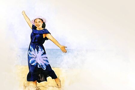 Abstract colorful young woman traveling holiday summer at vacations at Phuket, Thailand on  illustration .の写真素材