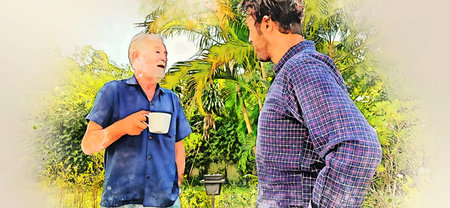 abstract happiness father and young son discuss, talking lifestyle at home on watercolor...