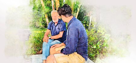 abstract happiness father and young son discuss, talking lifestyle at home on watercolor illustration painting background.の写真素材