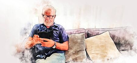 Abstract colorful sernior man sitting and playing mobile phone alone at home on watercolor illustration painting background.の写真素材