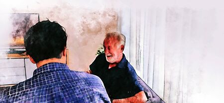 abstract happiness father and young son discuss, talking lifestyle at home on watercolor illustration painting background.の写真素材