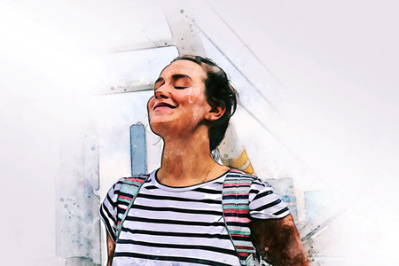 Abstract happiness young woman backpack and traveling in the city on watercolor illustration painting background.の写真素材
