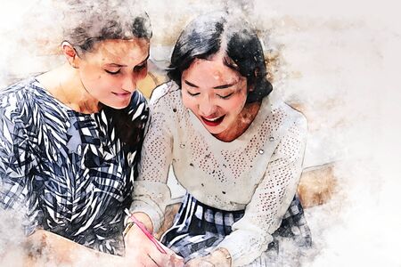 Abstract colorful happiness friendship fun and talking on watercolor illustration painting background.の写真素材
