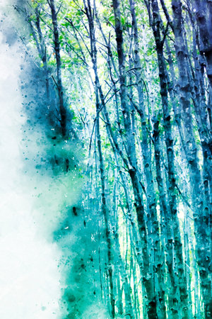 Abstract colorful trunk tree in the forest on watercolor illustration painting background.の写真素材
