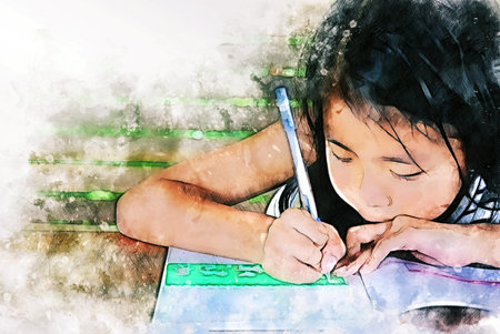 Abstract colorful child girl learning education on watercolor illustration painting background.の写真素材