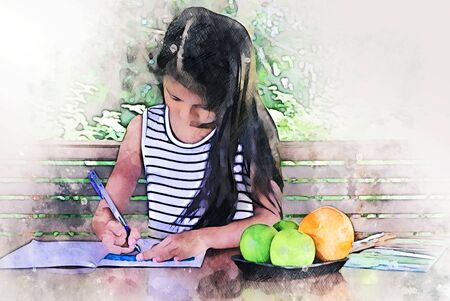 Abstract colorful child girl learning education on watercolor illustration painting background.の写真素材