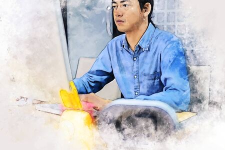 Abstract colorful young business man smile portrait and thinking at desk on watercolor illustration painting background.の写真素材
