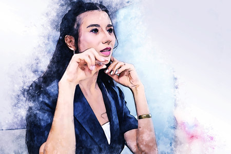Abstract colorful young business woman smile portrait and thinking at desk on watercolor illustration painting background.の写真素材