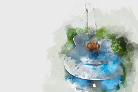 Abstract colorful acoustic guitar on watercolor illustration painting background.