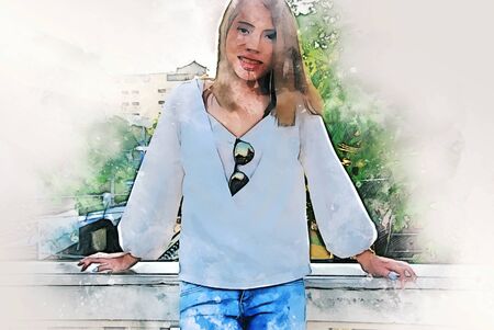 Abstract colorful happiness young woman smile portrait and walking traveling in the city on watercolor illustration painting background.の写真素材