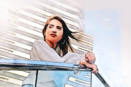 Abstract colorful happiness young woman smile portrait and walking traveling in the city on watercolor illustration painting background.の写真素材