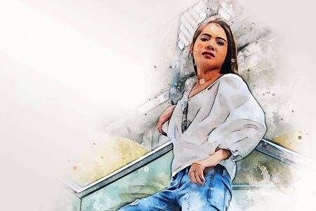 Abstract colorful happiness young woman smile portrait and walking traveling in the city on watercolor illustration painting background.の写真素材