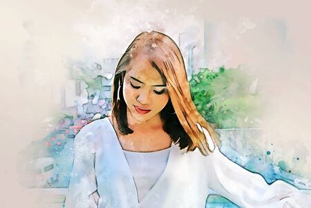 Abstract colorful happiness young woman smile portrait and walking traveling in the city on watercolor illustration painting background.の写真素材
