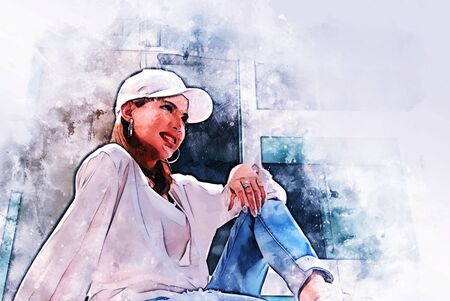 Abstract colorful Asia woman smile portrait and traveling in the city on watercolor illustration painting background.の写真素材