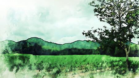 Abstract Colorful tree and mountain range landscape on watercolor illustration painting background.の写真素材
