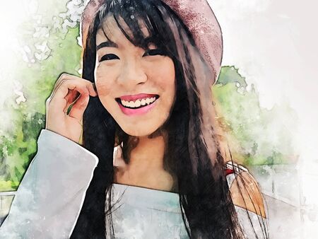 Abstract colorful beautiful Asia girl teen smile portrait on watercolor illustration painting background.の写真素材