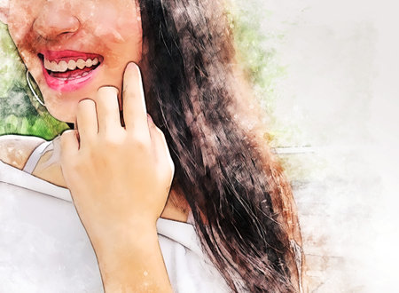 Abstract colorful beautiful Asia girl teen smile portrait on watercolor illustration painting background.の写真素材