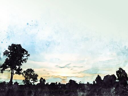 Abstract colorful shape on tree and field landscape watercolor illustration painting background.の写真素材