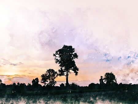 Abstract colorful shape on tree and field landscape watercolor illustration painting background.の写真素材