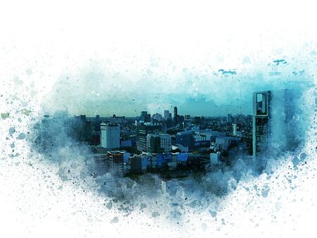 Abstract offices Building in the city on watercolor painting background. City on Digital illustration brush to art.の写真素材