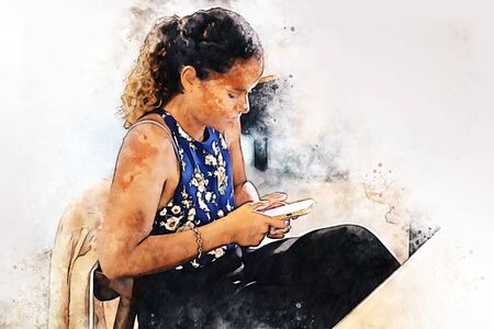 Abstract colorful young business woman smile portrait and thinking at desk on watercolor illustration painting background.の写真素材