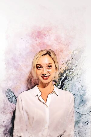Abstract young business woman working in the office on watercolor illustration painting background.の写真素材