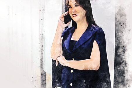 Abstract colorful happiness business woman smile portrait on watercolor illustration painting background.の写真素材
