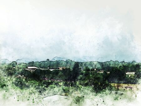 Abstract colorful mountain range in the forest on watercolor illustration painting background.の写真素材