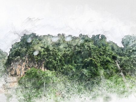 Abstract colorful mountain range in the forest on watercolor illustration painting background.の写真素材