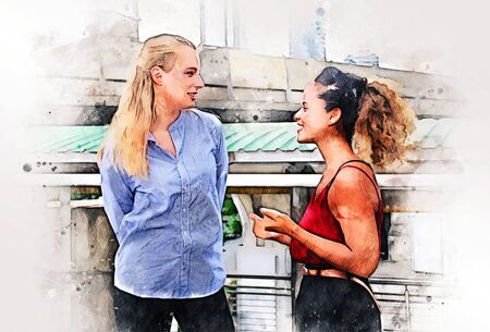Abstract colorful two young business woman smile portrait and talking in breaking time on  illustration  background.の写真素材