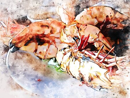 Abstract colorful Grilled Shrimp watercolor illustration painting background.の写真素材
