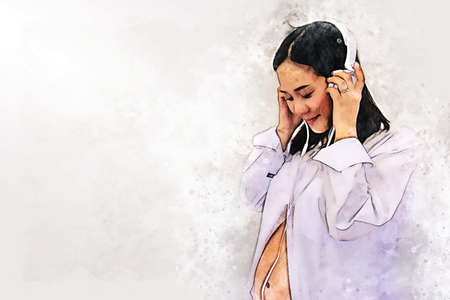 Abstract coloful pregnant woman eating food for pregnancy on watercolor illustration painting background.の写真素材