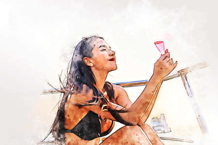 Abstract colorful beautiful Asia young woman sexy bikini traveling on boat in holiday weekend at Thailand on watercolor illustration painting background.の写真素材