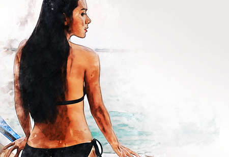 Abstract colorful beautiful Asia young woman sexy bikini traveling on boat in holiday weekend at Thailand on watercolor illustration painting background.の写真素材