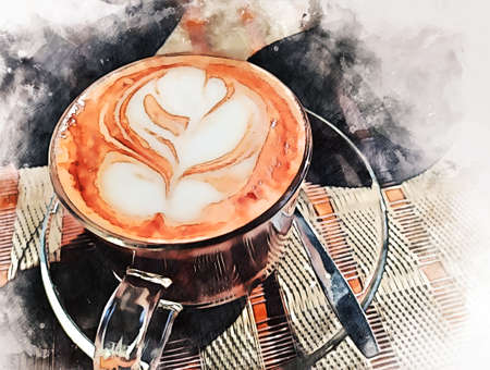 Close-up Cappuccino Coffee on wood table in morning on watercolor illustration painting background.の写真素材