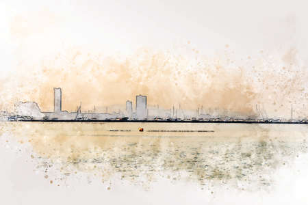 Abstract Building and sea foreground on watercolor painting background. City on Digital illustration brush to art.の写真素材