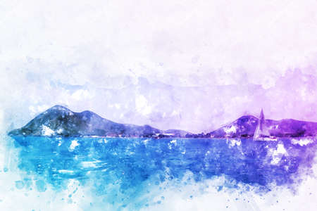 Abstract Colorful mountain peak and river on watercolor illustration painting background.の写真素材