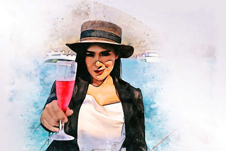 Abstract colorful beautiful asia woman traveling for relaxation and drinking wine on speed boat at Thailand on watercolor illustration painting background.の写真素材