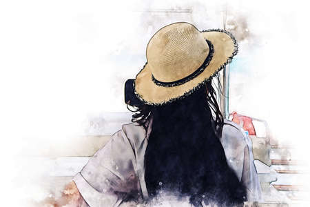 Abstract colorful beautiful Asia woman traveling for relaxation and drinking wine on speed boat at Thailand on watercolor illustration painting background.の写真素材