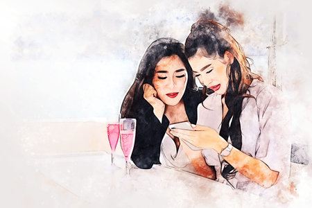 Abstract colorful beautiful two asia woman traveling for relaxation and drinking wine on speed boat...