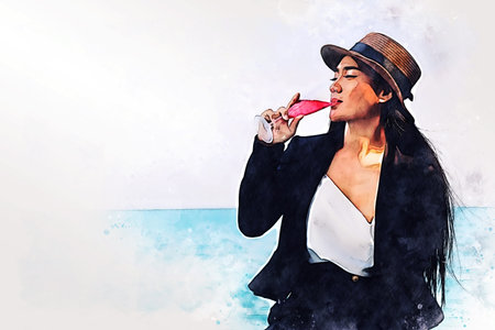 Abstract colorful beautiful asia woman traveling for relaxation and drinking wine on speed boat at...