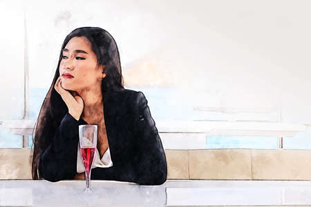 Abstract colorful beautiful asia woman traveling for relaxation and drinking wine on speed boat at Thailand on watercolor illustration painting background.の写真素材
