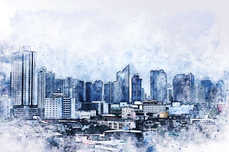 Abstract offices Building in the city on watercolor painting background. City on Digital illustration brush to art.の写真素材
