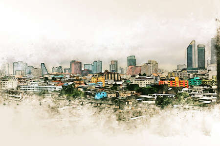 Abstract offices Building in the city on watercolor painting background. City on Digital illustration brush to art.の写真素材