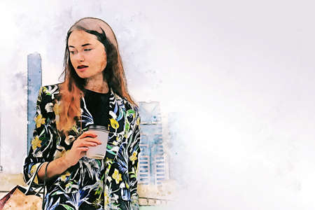 Abstract colorful happiness young woman shopping in city on watercolor illustration painting background.の写真素材