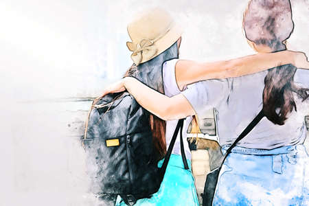 Abstract colorful beautiful woman friendship meeting and resting on holiday weekend watercolor illustration painting background.の写真素材