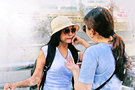 Abstract colorful beautiful woman friendship meeting and resting on holiday weekend watercolor illustration painting background.の写真素材