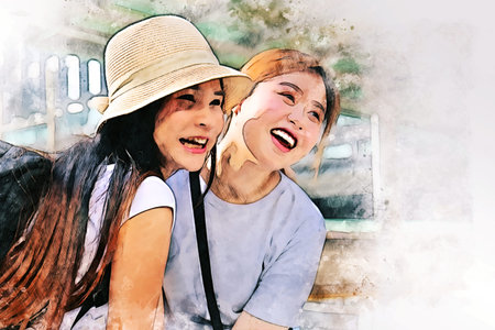Abstract colorful beautiful woman friendship meeting and resting on holiday weekend watercolor...