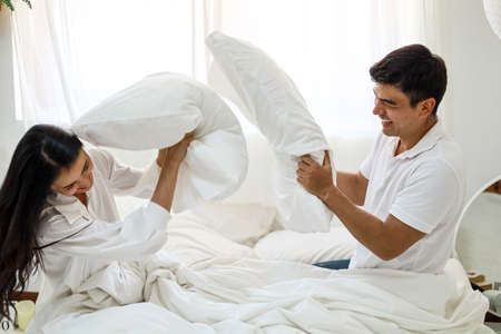 Happiness young couple lover sleeping and relaxation on bedroom.の写真素材